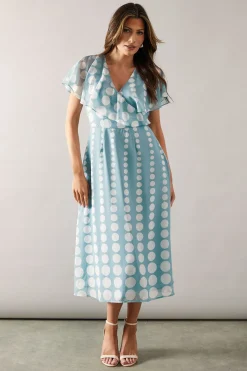 Robe Midi en Mousseline à Manches Cape avec Motif à Pois Bordés