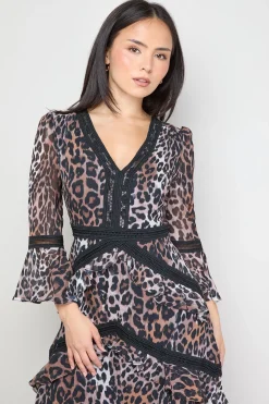 Robe Midi en Mousseline à Manches Évasées avec Détails en Dentelle Imprimée Petite