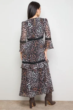 Robe Midi en Mousseline à Manches Évasées avec Détails en Dentelle Imprimée Petite