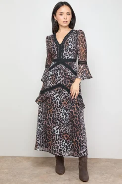 Robe Midi en Mousseline à Manches Évasées avec Détails en Dentelle Imprimée Petite
