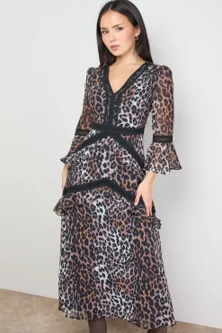 Robe Midi en Mousseline à Manches Évasées avec Détails en Dentelle Imprimée Petite