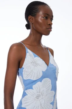 Robe Midi En Organdi Satiné Tissé Avec Appliqués