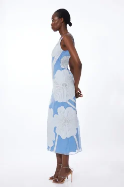 Robe Midi En Organdi Satiné Tissé Avec Appliqués