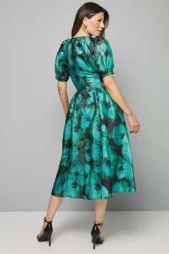 Robe Midi en Organza Fleuri à Manches Bouffantes