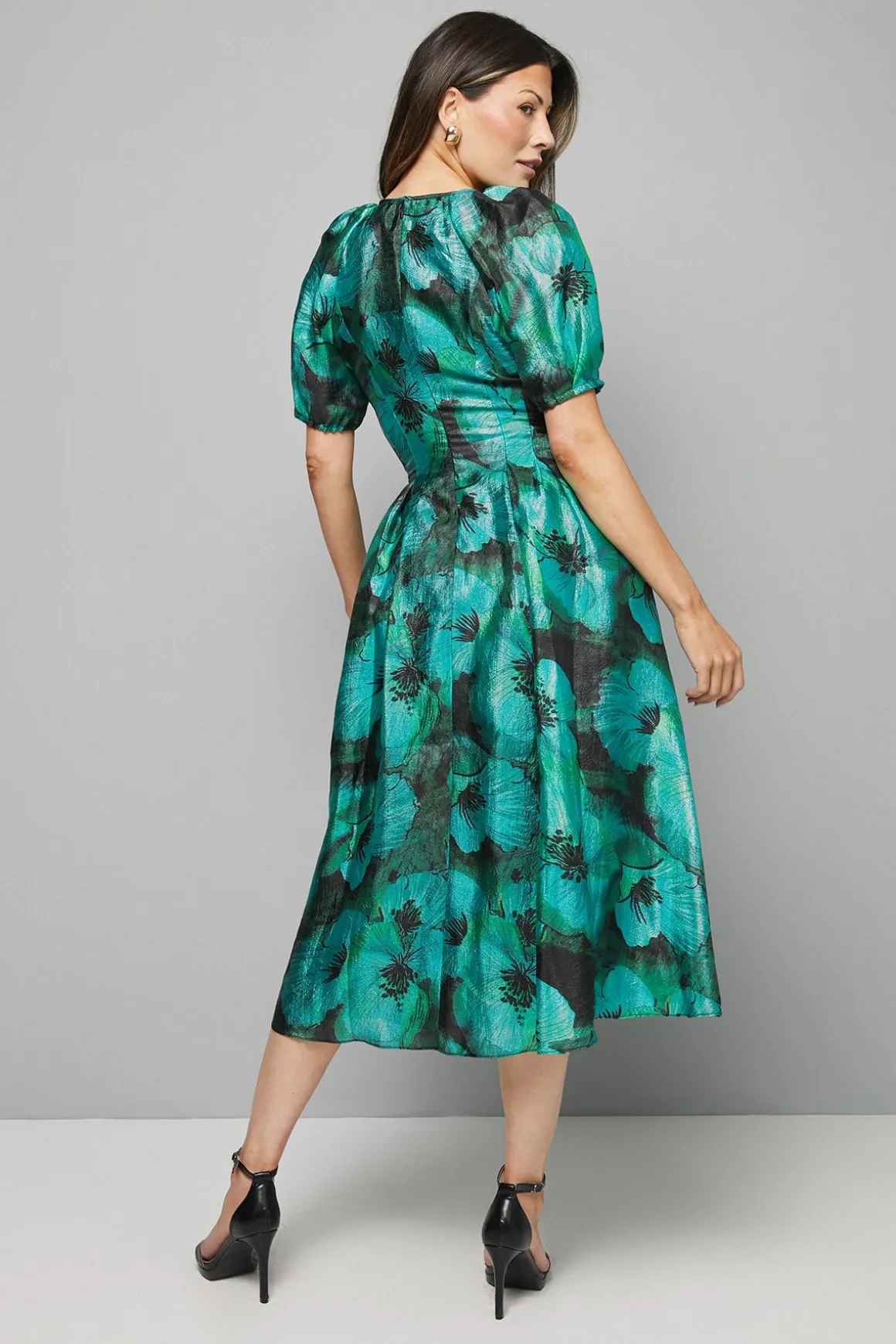 Robe Midi en Organza Fleuri à Manches Bouffantes