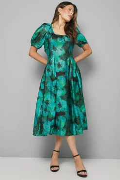 Robe Midi en Organza Fleuri à Manches Bouffantes