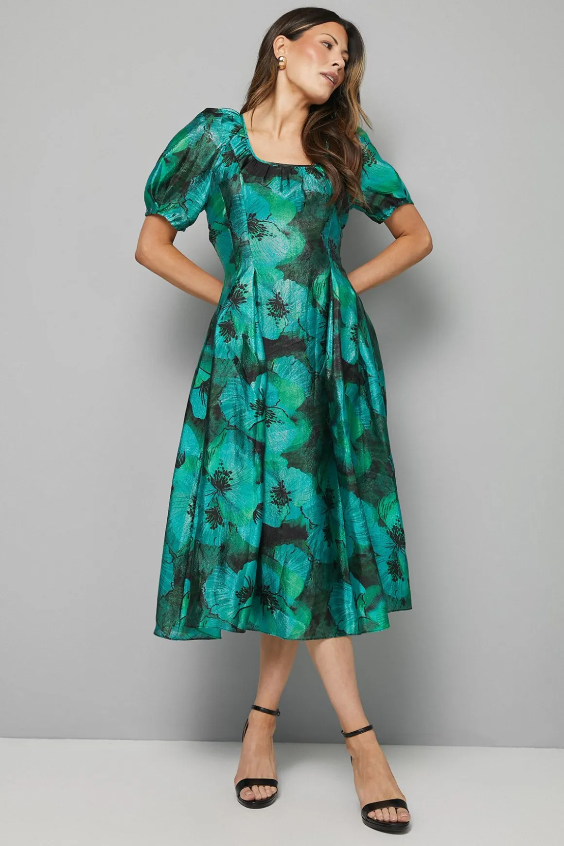 Robe Midi en Organza Fleuri à Manches Bouffantes