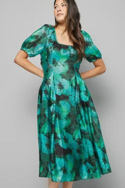 Robe Midi en Organza Fleuri à Manches Bouffantes