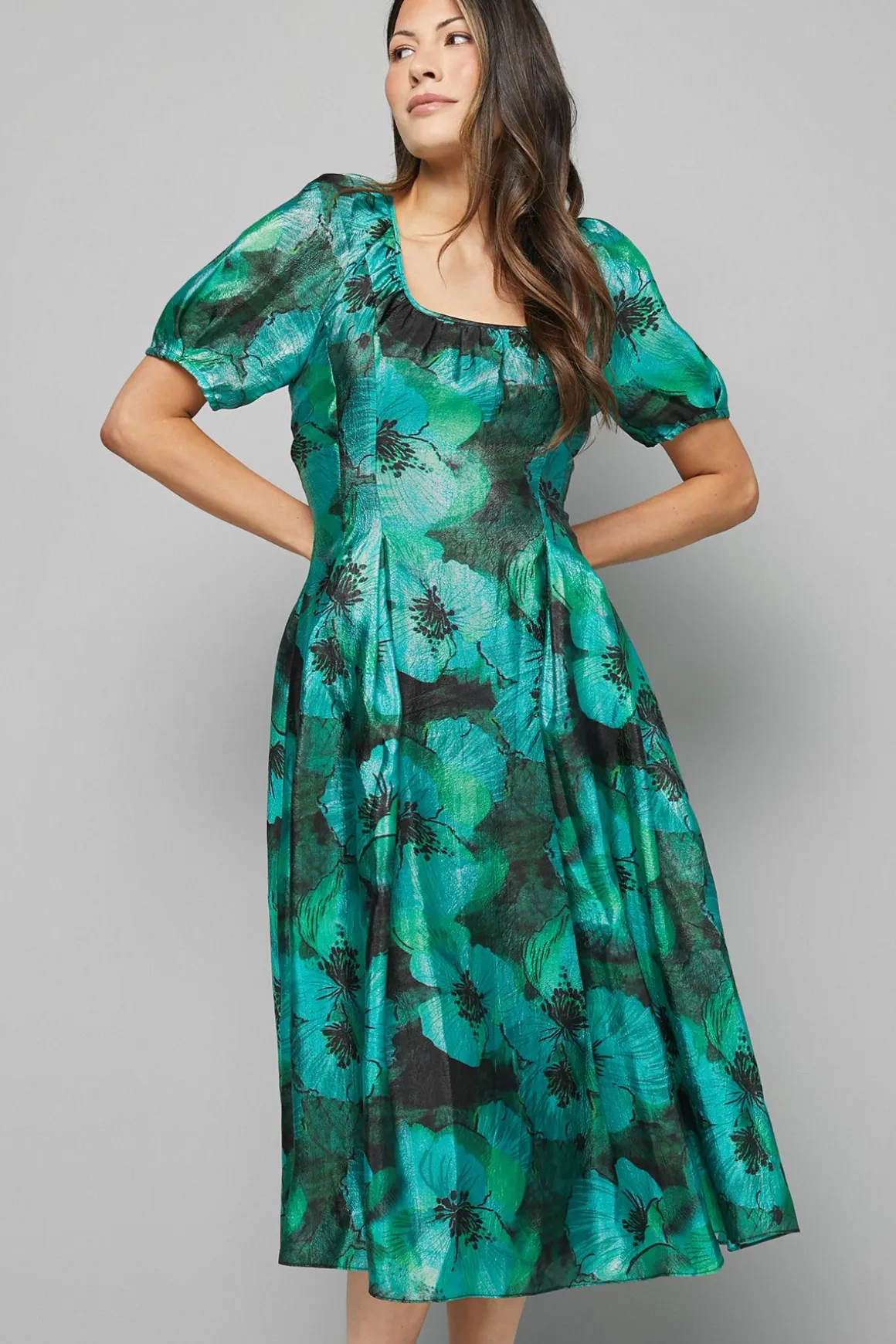 Robe Midi en Organza Fleuri à Manches Bouffantes