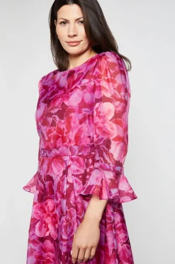 Robe Midi En Organza Floral À Manches Évasées