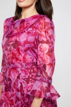 Robe Midi En Organza Floral À Manches Évasées