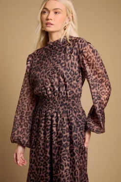 Robe Midi en Organza Floral à Taille Froncée