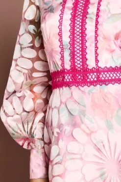 Robe Midi en Organza Imprimé à Col Contrastant et Finitions Dentelle