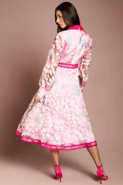 Robe Midi en Organza Imprimé à Col Contrastant et Finitions Dentelle