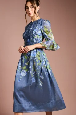 Robe Midi en Organza à Manches 3/4 avec Imprimé Placé