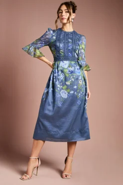 Robe Midi en Organza à Manches 3/4 avec Imprimé Placé