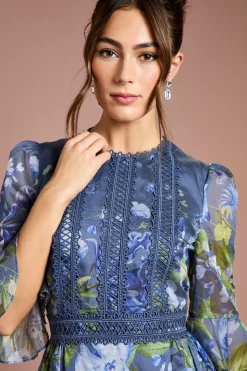 Robe Midi en Organza à Manches 3/4 avec Imprimé Placé