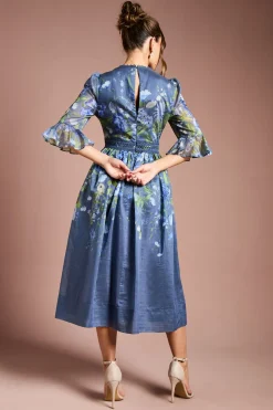 Robe Midi en Organza à Manches 3/4 avec Imprimé Placé