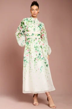 Robe Midi en Organza à Manches Longues avec Imprimé Placé