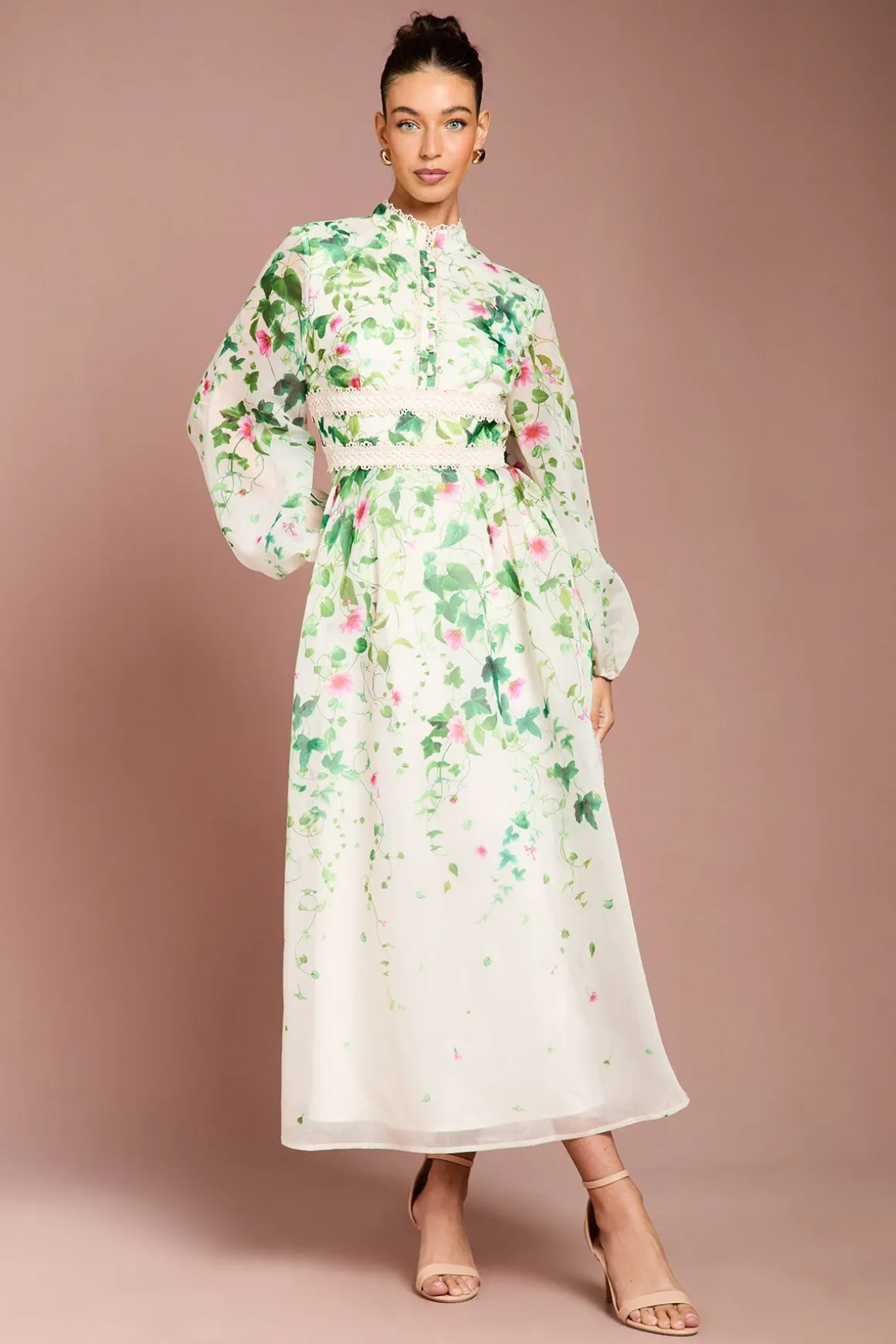 Robe Midi en Organza à Manches Longues avec Imprimé Placé