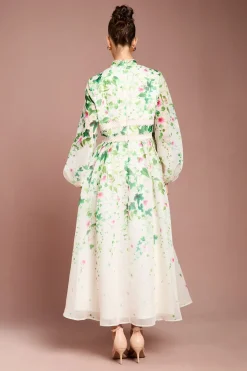 Robe Midi en Organza à Manches Longues avec Imprimé Placé