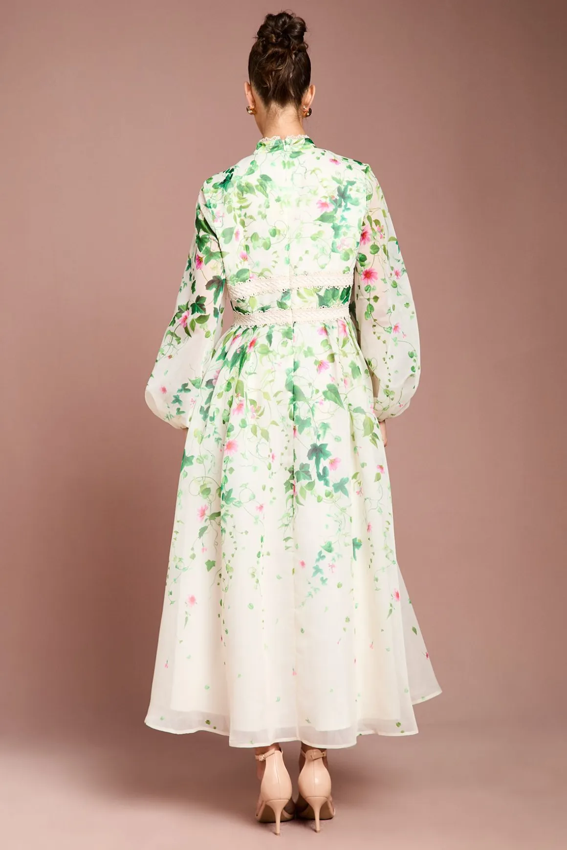 Robe Midi en Organza à Manches Longues avec Imprimé Placé