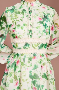 Robe Midi en Organza à Manches Longues avec Imprimé Placé
