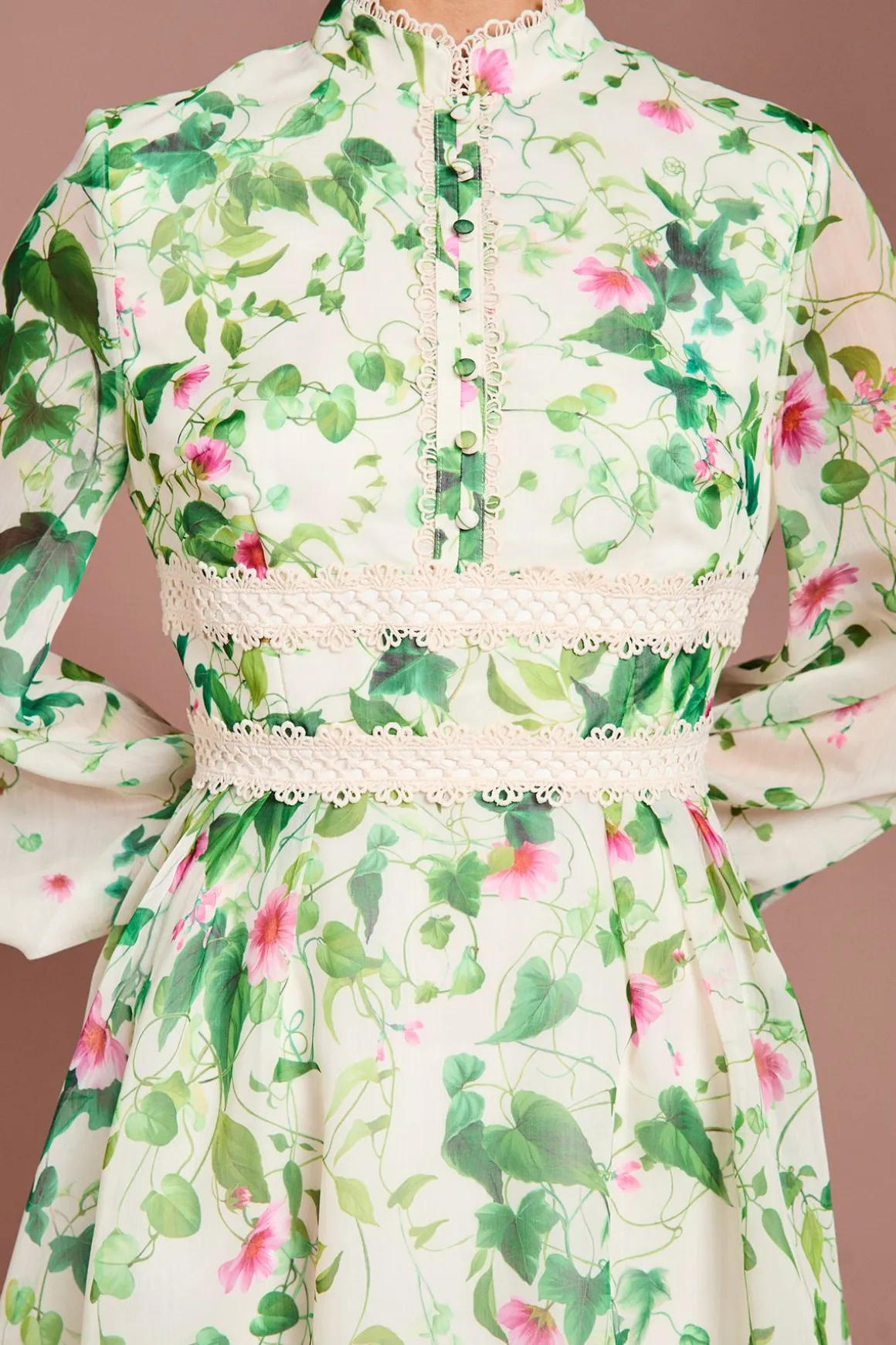 Robe Midi en Organza à Manches Longues avec Imprimé Placé
