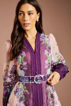 Robe Midi En Organza À Manches Longues Avec Ceinture