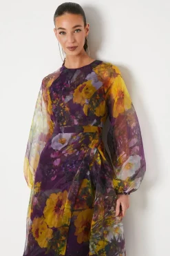 Robe Midi en Organza à Taille Nouée et Manches Bouffantes