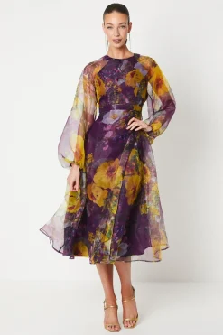 Robe Midi en Organza à Taille Nouée et Manches Bouffantes