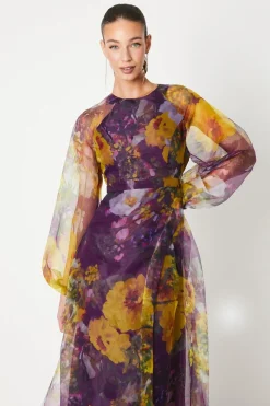 Robe Midi en Organza à Taille Nouée et Manches Bouffantes
