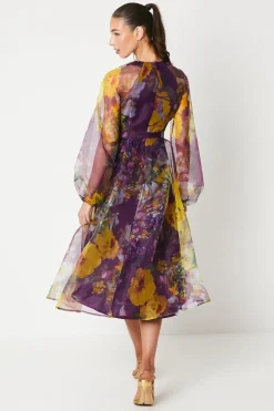 Robe Midi en Organza à Taille Nouée et Manches Bouffantes