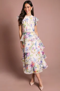 Robe Midi En Organza À Volants Avec Bordure En Dentelle