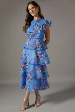 Robe Midi en Organza à Volants avec Finitions en Dentelle