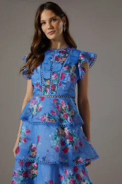 Robe Midi en Organza à Volants avec Finitions en Dentelle