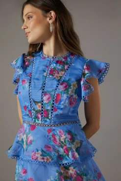 Robe Midi en Organza à Volants avec Finitions en Dentelle