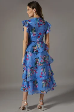 Robe Midi en Organza à Volants avec Finitions en Dentelle