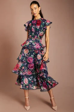 Coast Robe Midi En Organza À Volants Avec Finitions En Dentelle<Femme Toutes Les Robes|Robes Mi-Longues