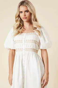 Robe Midi en Popeline à Buste Brodé et Boutonnage Devant Petite
