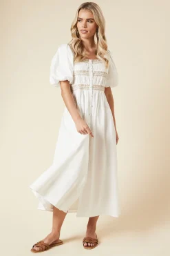 Robe Midi en Popeline à Buste Brodé et Boutonnage Devant Petite