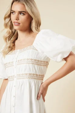 Robe Midi en Popeline à Buste Brodé et Boutonnage Devant Petite