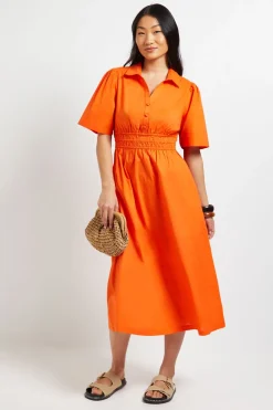 Robe Midi En Popeline À Col Petite Avec Détail Taille Froncée