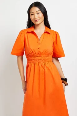 Robe Midi En Popeline À Col Petite Avec Détail Taille Froncée