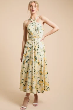 Robe Midi En Popeline De Coton À Imprimé Floral Citron Avec Col Licou