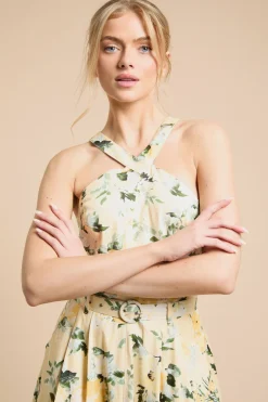 Robe Midi En Popeline De Coton À Imprimé Floral Citron Avec Col Licou