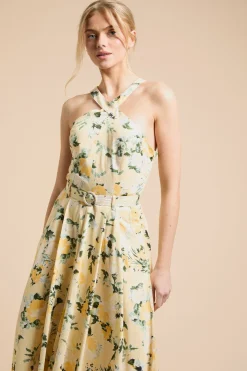 Robe Midi En Popeline De Coton À Imprimé Floral Citron Avec Col Licou