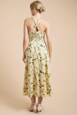 Robe Midi En Popeline De Coton À Imprimé Floral Citron Avec Col Licou