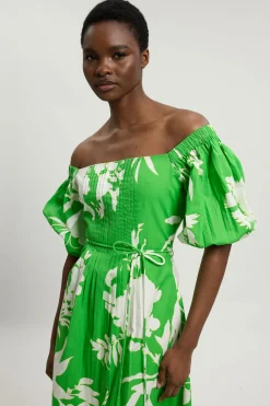 Robe Midi En Popeline De Coton Imprimé Fleuri Avec Détail De Perles