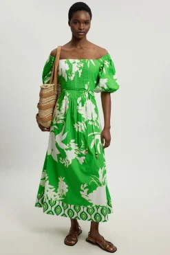 Robe Midi En Popeline De Coton Imprimé Fleuri Avec Détail De Perles